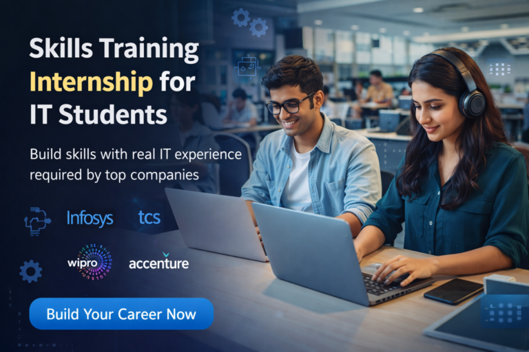 Skills Training Internship program for IT students learning practical development skills with laptops in a professional workspace, preparing for careers in companies like Infosys, TCS, Wipro, and Accenture.
